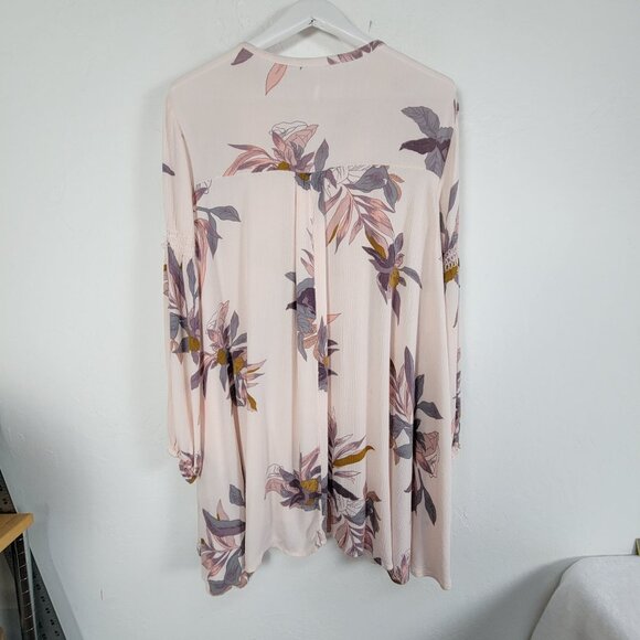 Free People Womens Floral Boho Tunic Top Large Light Pink Long Sleeve Keyhole - Picture 2 of 10